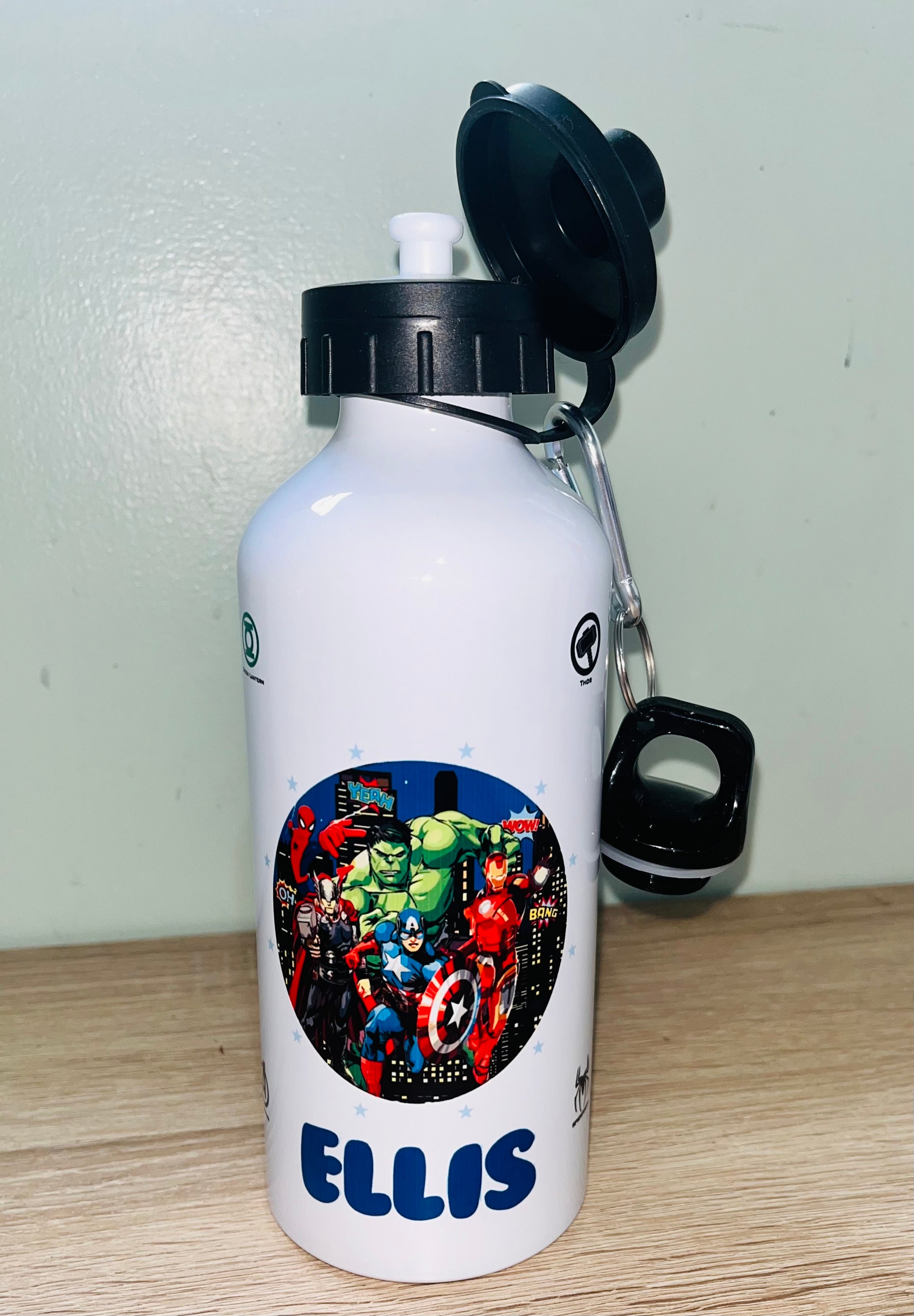 Marvel/Superheroes Themed Personalised 600ml Aluminium Water Bottles - made with your favourite characters! School Water Bottle, Summer Ready.