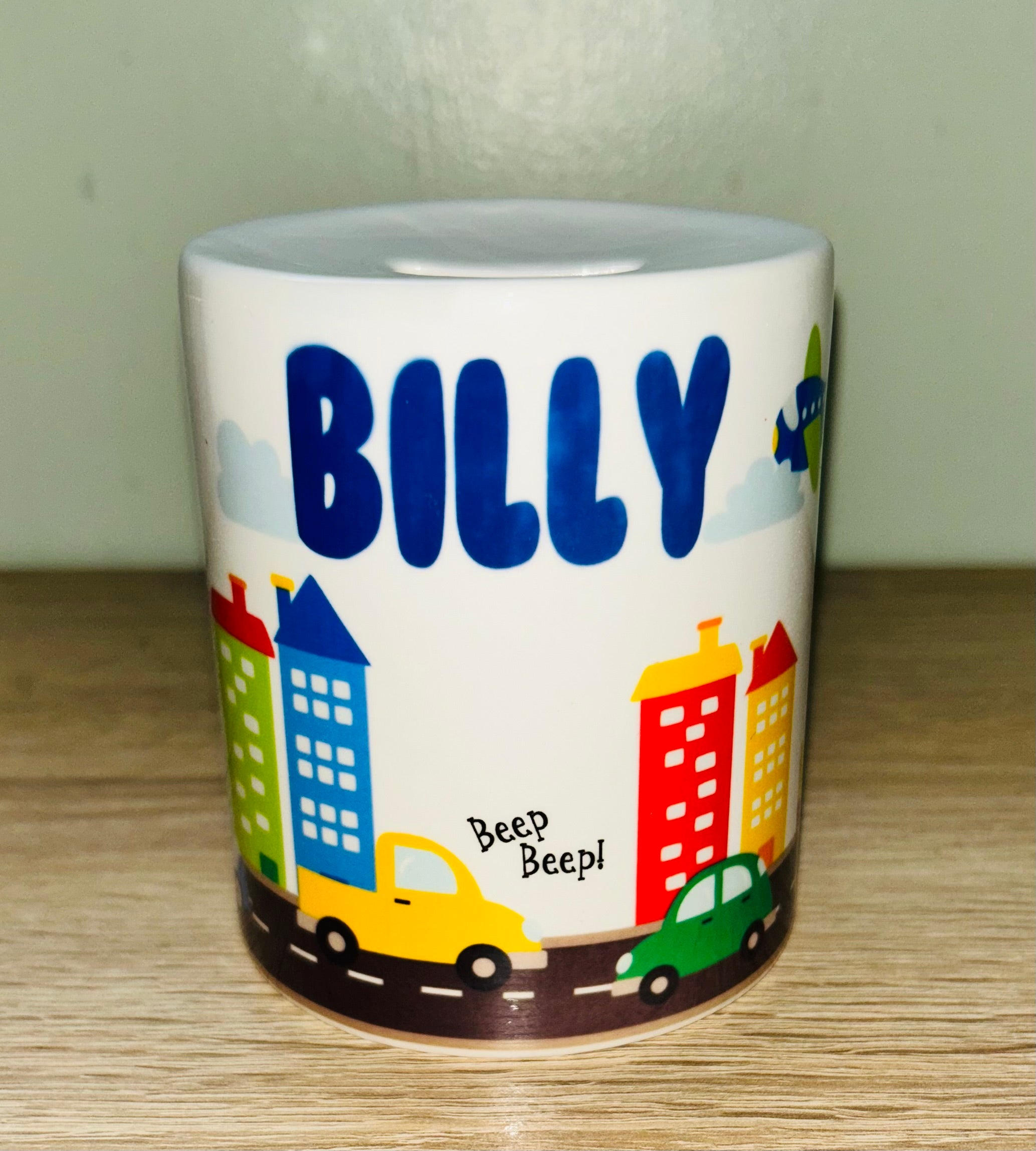 Transport Design Personalised Money Box, Piggy Bank, Birthday Gift, Baby gift, keepsake, Saving, bedroom/nursery decor, Ceramic