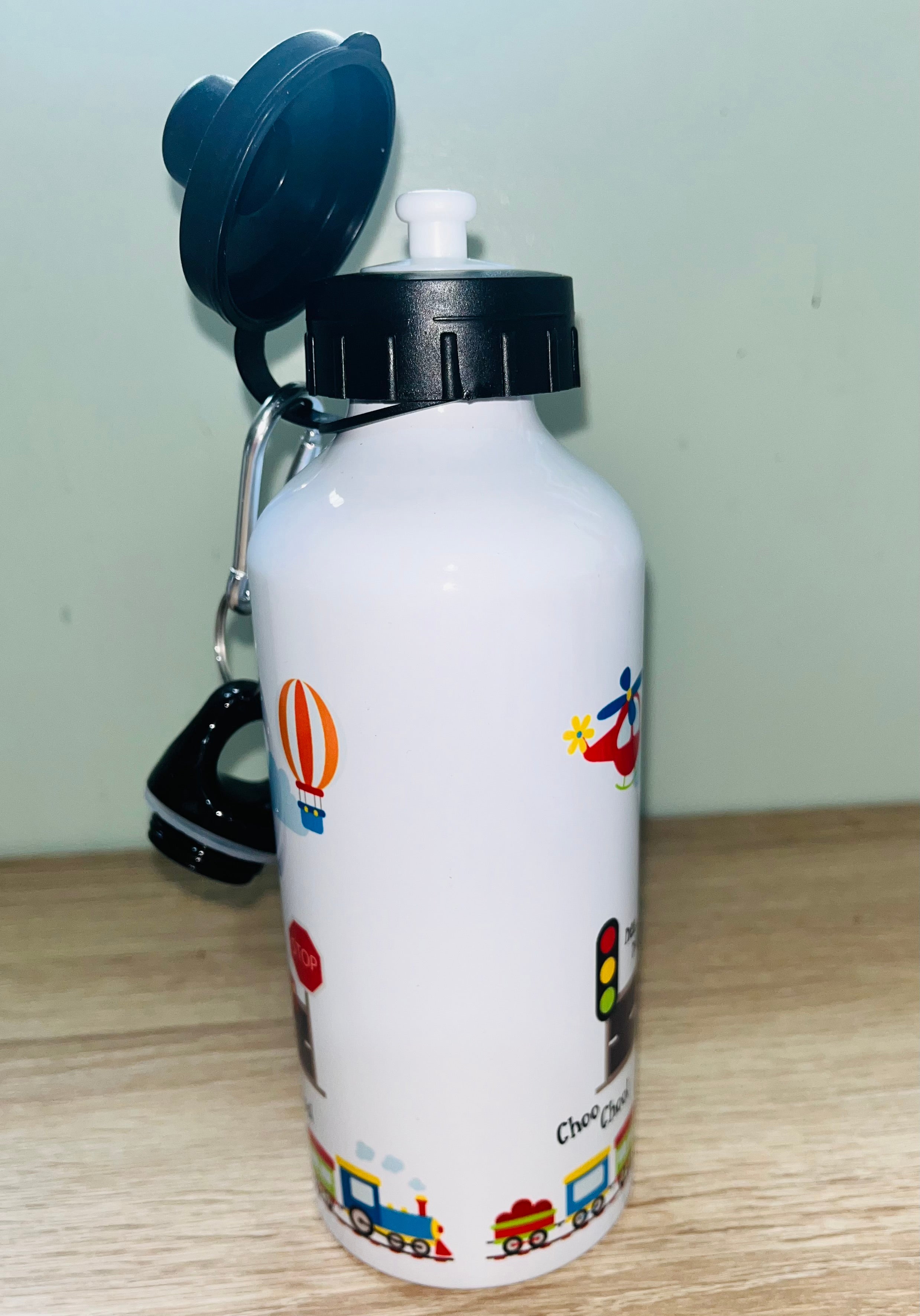 Transport Themed Personalised 600ml Aluminium Water Bottles - made with your favourite characters! School Water Bottle, Summer Ready.