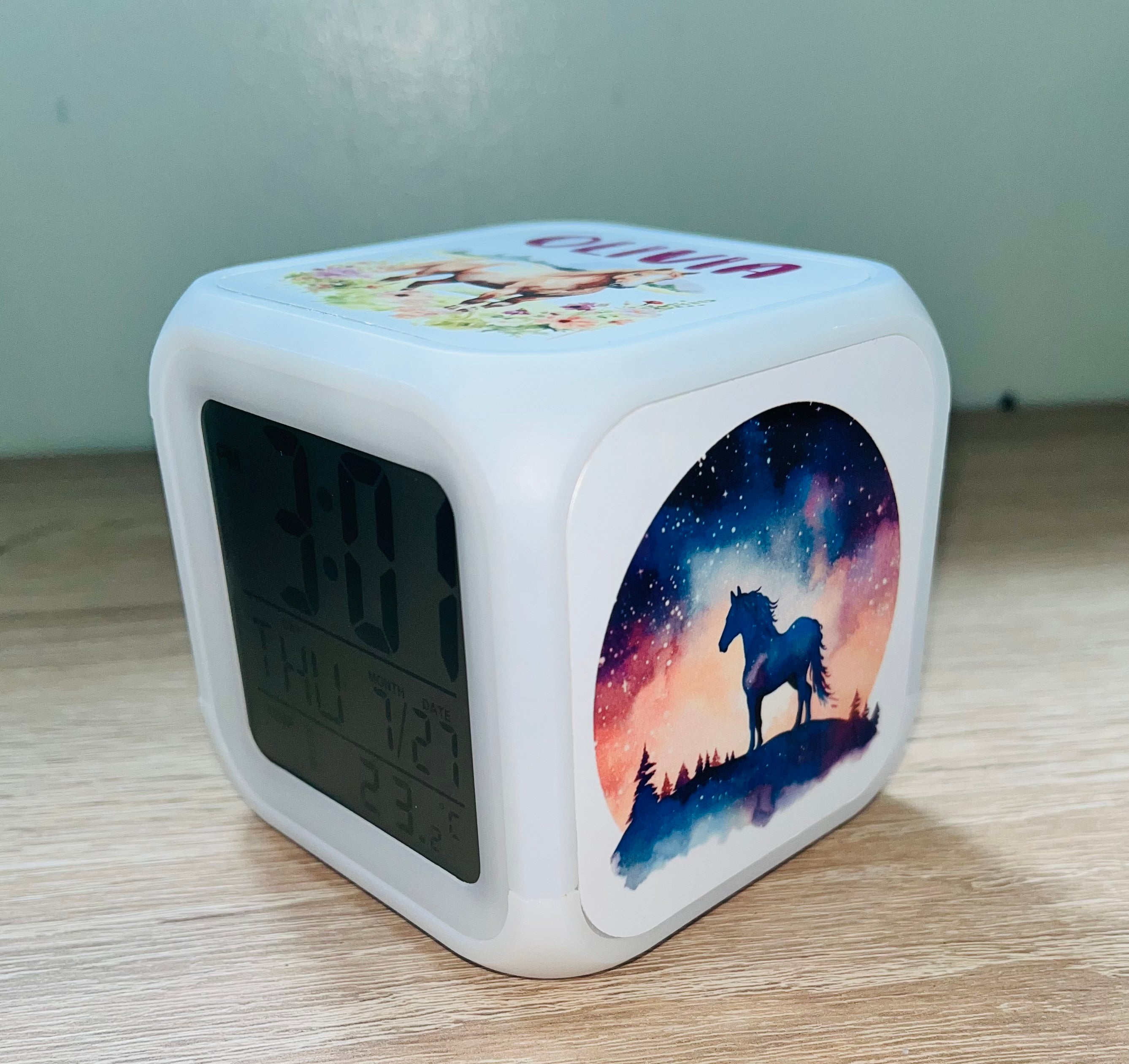 Horse Design Personalised LED Cube Digital Alarm Clock - Colour Changing/Great Gift Idea