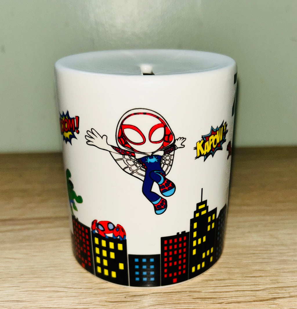 Spidey & Friends Design Personalised Money Box, Piggy Bank, Birthday Gift, Baby gift, keepsake, Saving, bedroom/nursery decor, Ceramic