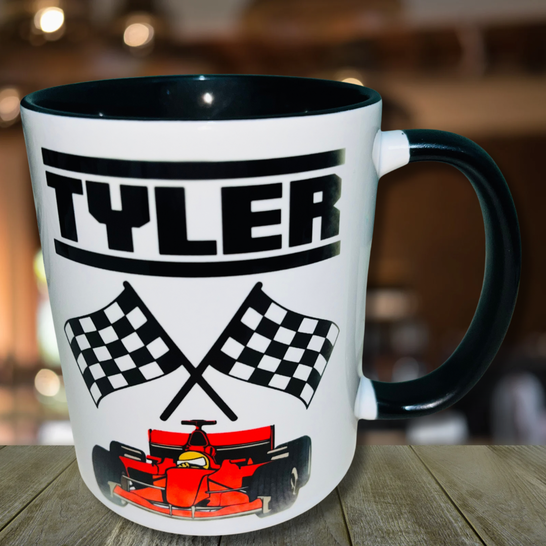 Motor Racing Themed Design Personalised Mug, Custom Mug, Customised Coffee Cup, Gift for Friend, Bridesmaid Gift, Tea Lover Gift, Birthday Gift