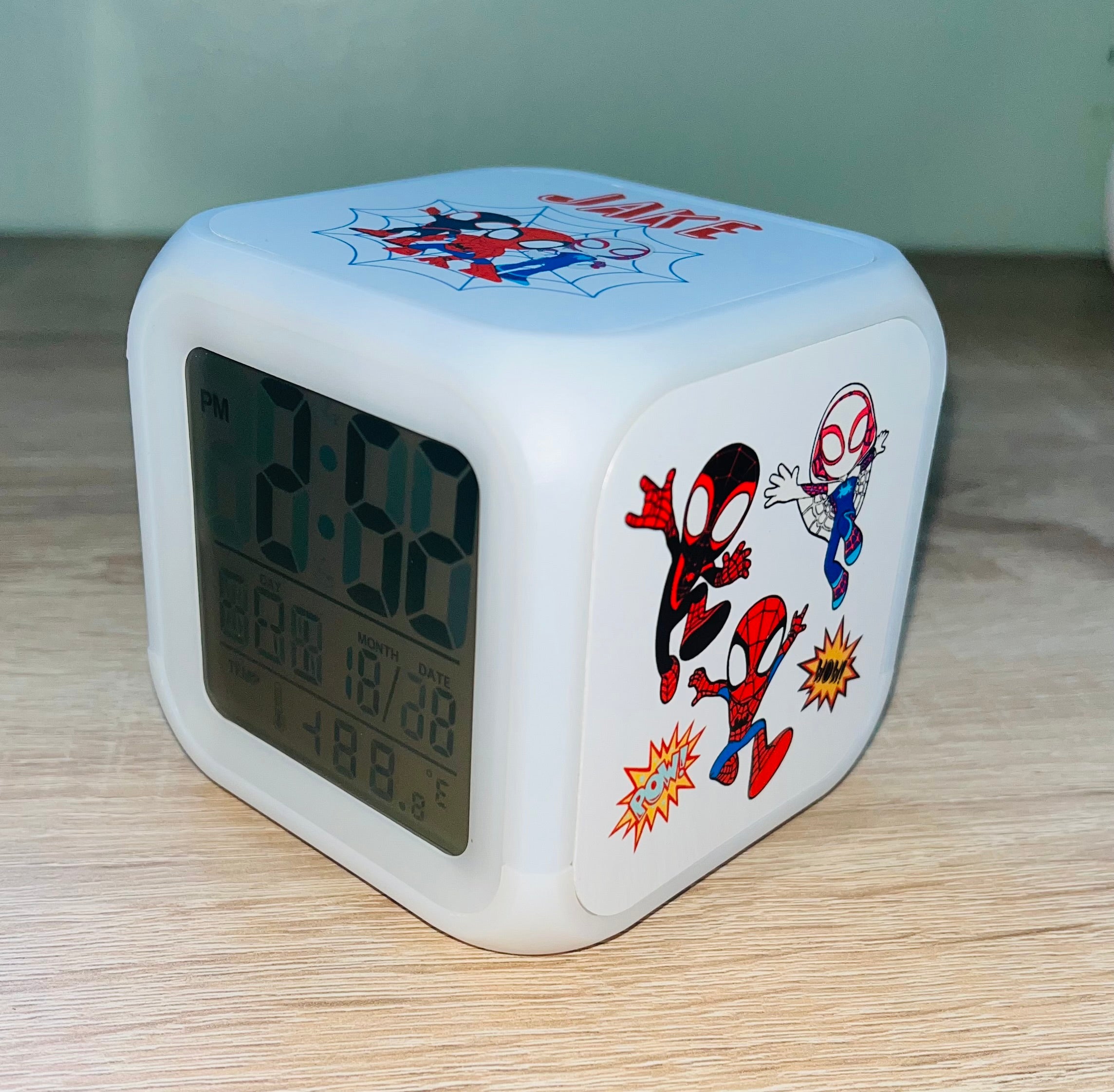 Spidey & Friends Design Personalised LED Cube Digital Alarm Clock - Colour Changing/Great Gift Idea