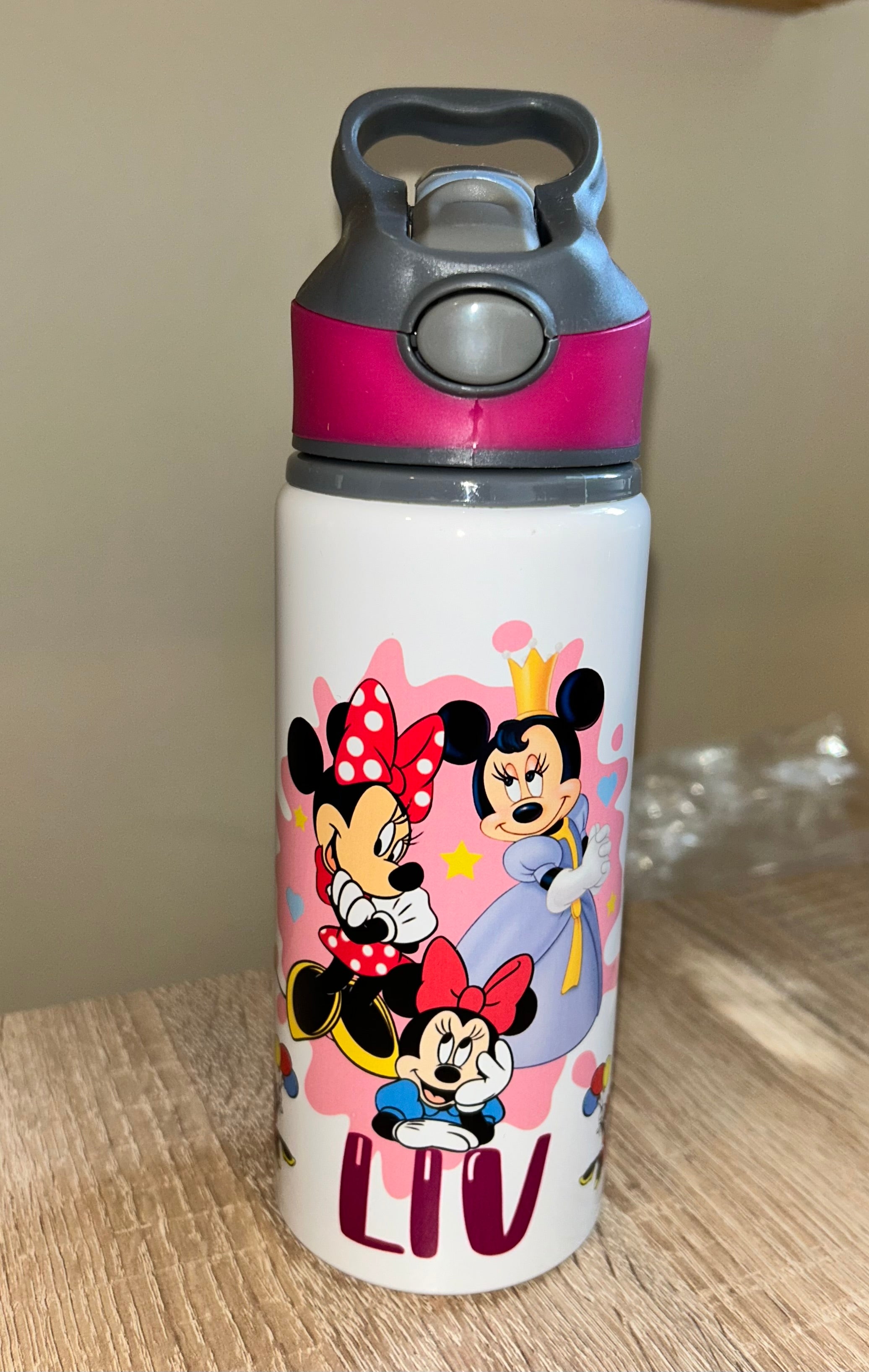 Character/Minnie Mouse Themed Personalised 600ml Aluminium Water Bottles - made with your favourite characters! School Water Bottle, Summer Ready.