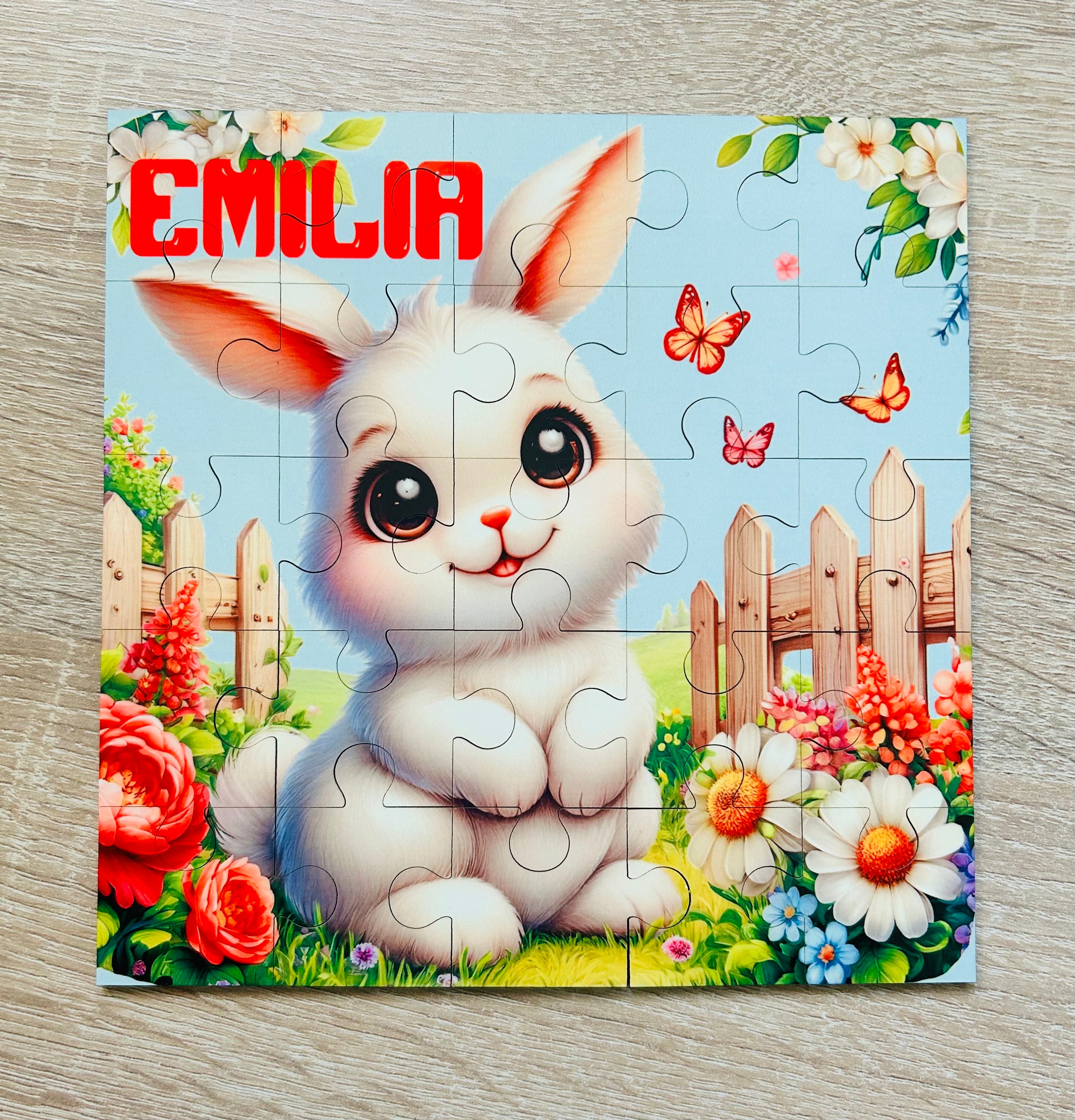 Bunny Themed Personalised Jigsaw Puzzle, Children's Custom Jigsaw, 24 Piece Wooden Puzzle, Birthday gift,  Personalised Gift. Heart Shape