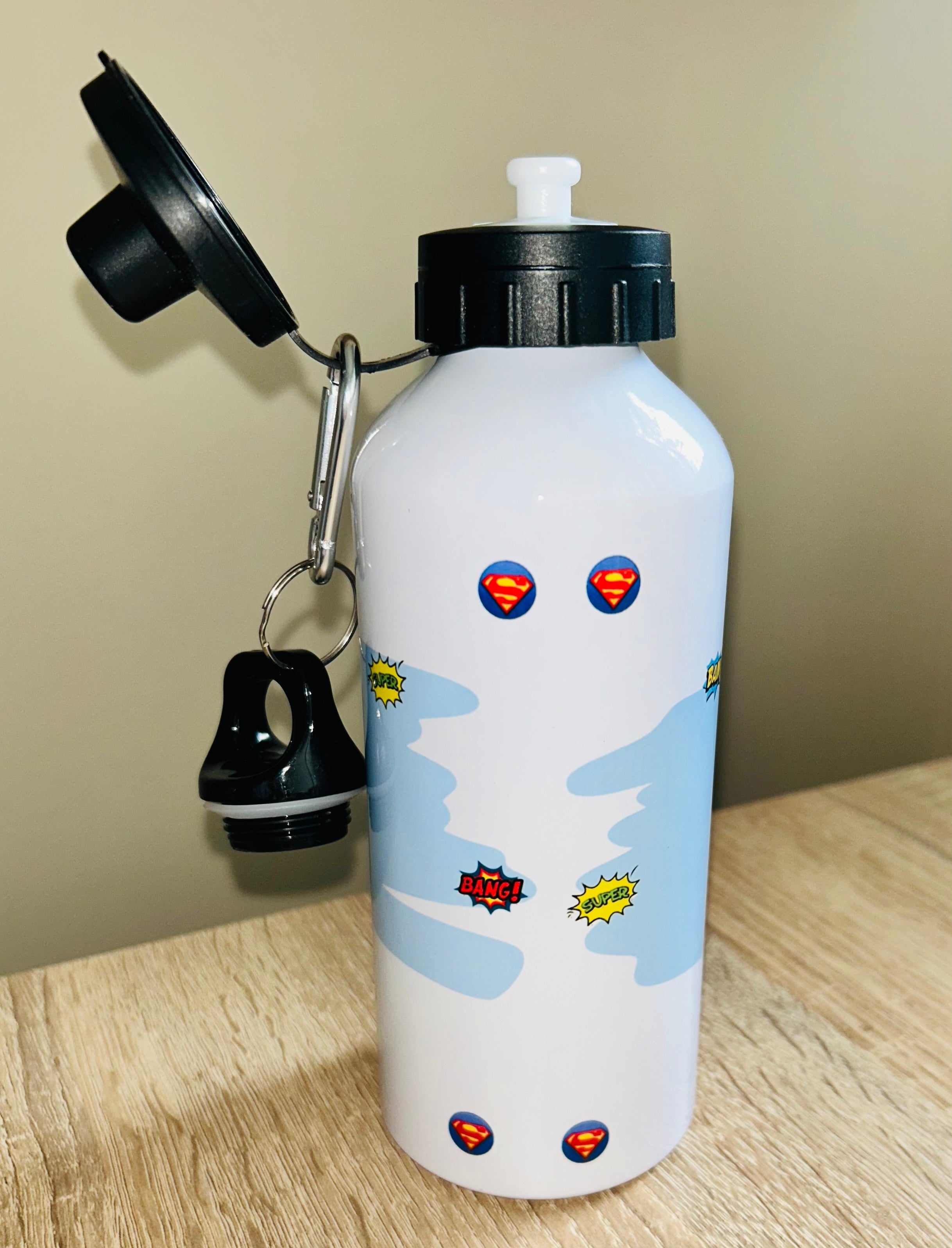 Superman Themed Personalised 600ml Aluminium Water Bottles - made with your favourite characters! School Water Bottle, Summer Ready.