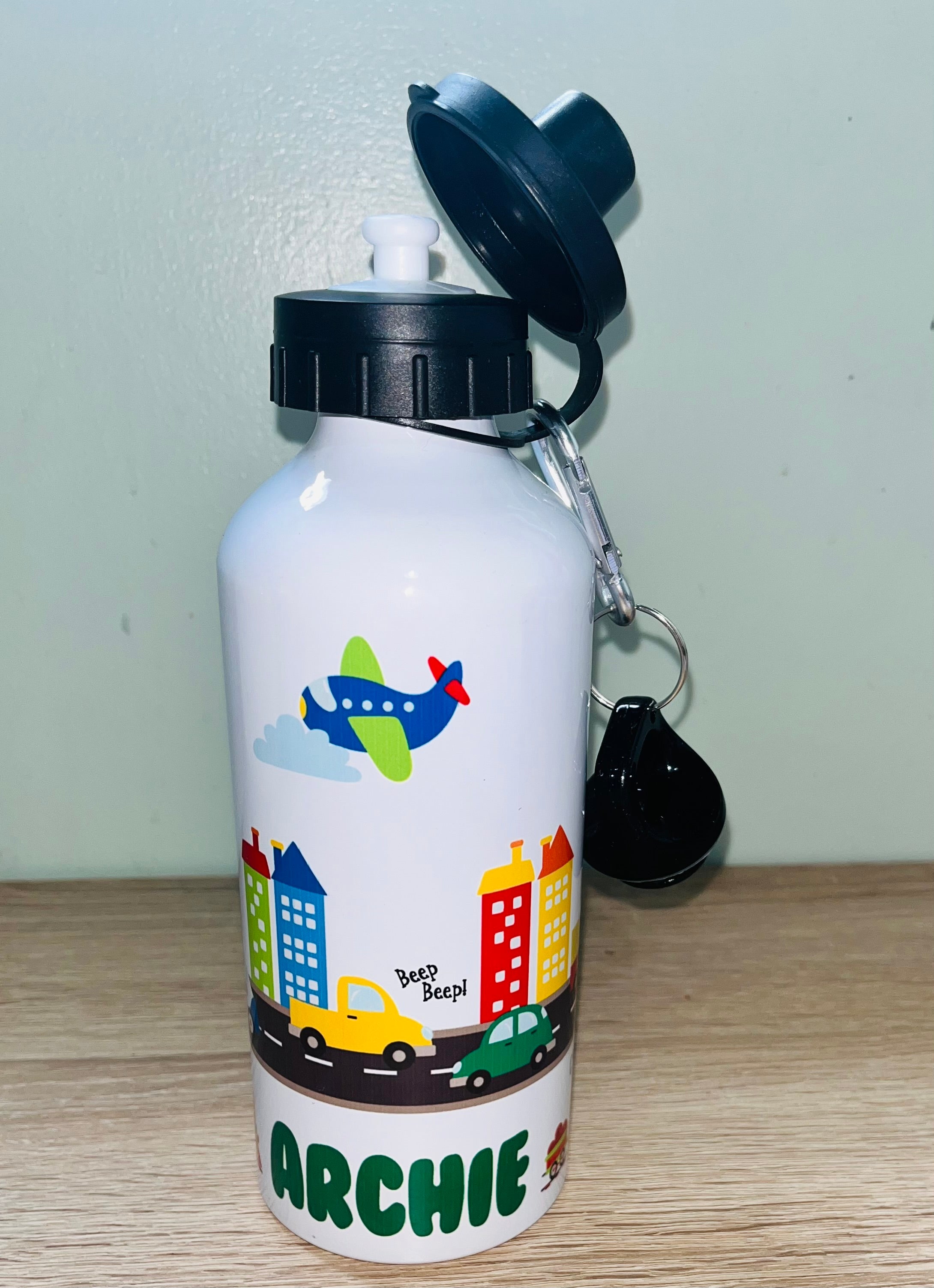 Transport Themed Personalised 600ml Aluminium Water Bottles - made with your favourite characters! School Water Bottle, Summer Ready.