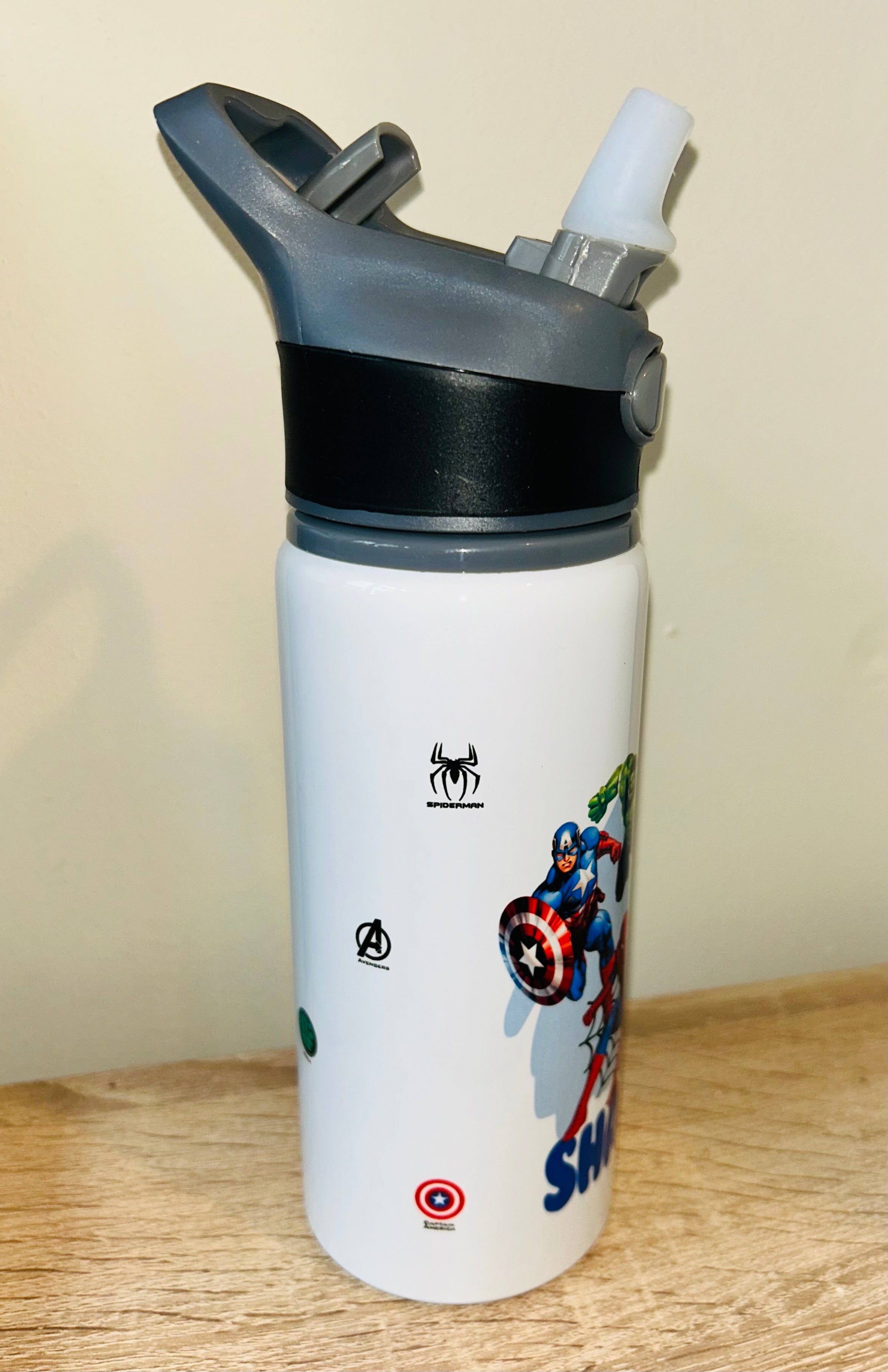 Avengers/Superheroes Themed Personalised 600ml Aluminium Water Bottles - made with your favourite characters! School Water Bottle, Summer Ready.