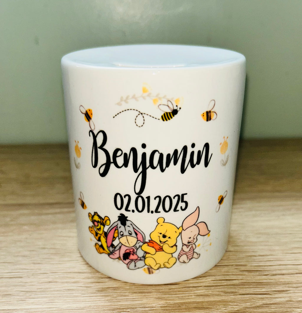 Winnie the Pooh Design Personalised Money Box, Piggy Bank, Birthday Gift, Baby gift, keepsake, Saving, bedroom/nursery decor, Ceramic