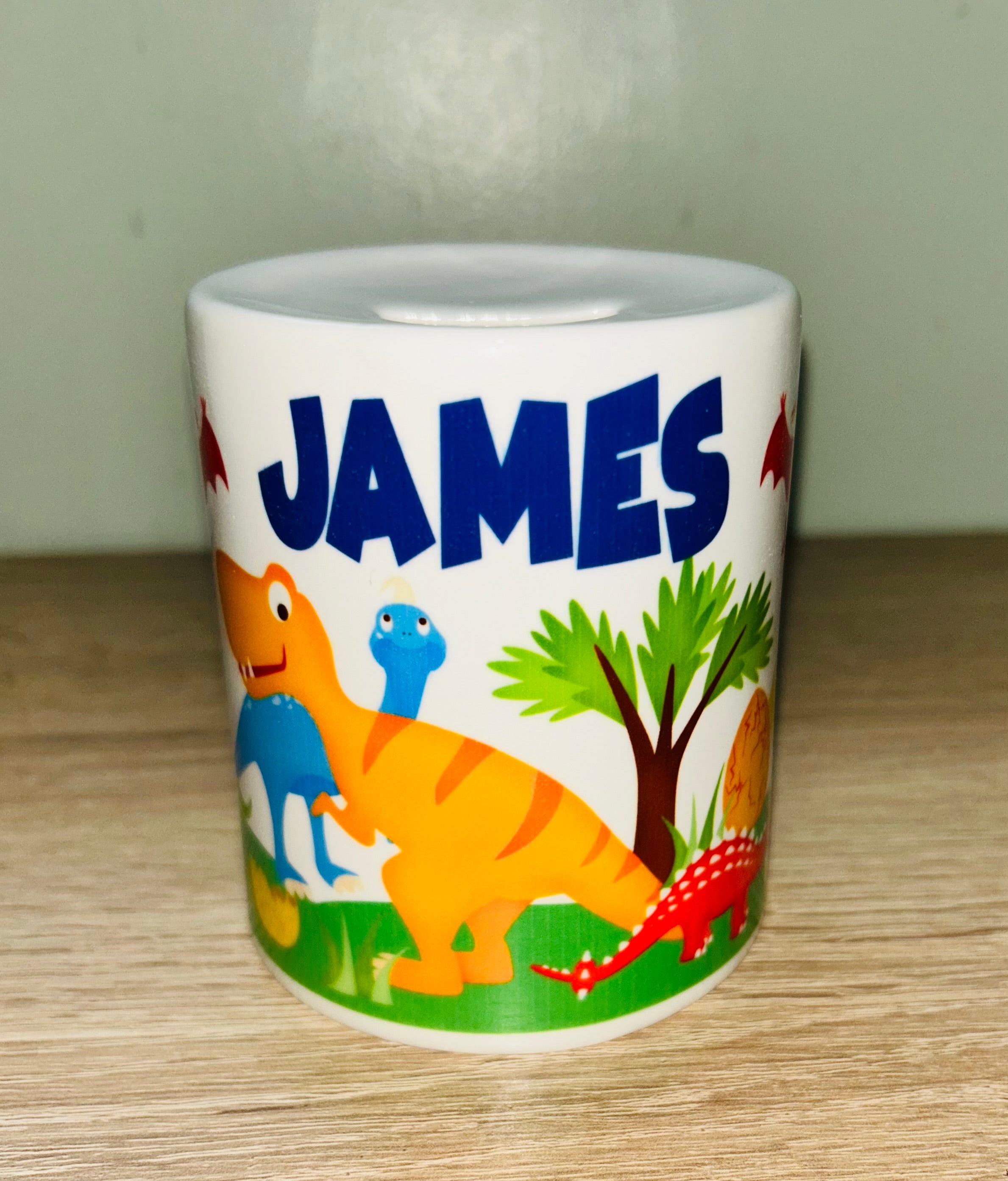 Dinosaur Design Personalised Money Box, Piggy Bank, Birthday Gift, Baby gift, keepsake, Saving, bedroom/nursery decor, Ceramic