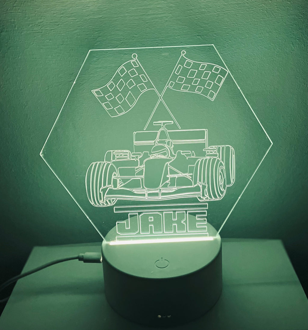 F1 Motor Racing Themed LED Night Light - Comes Fully Personalised. Unique Gift Idea