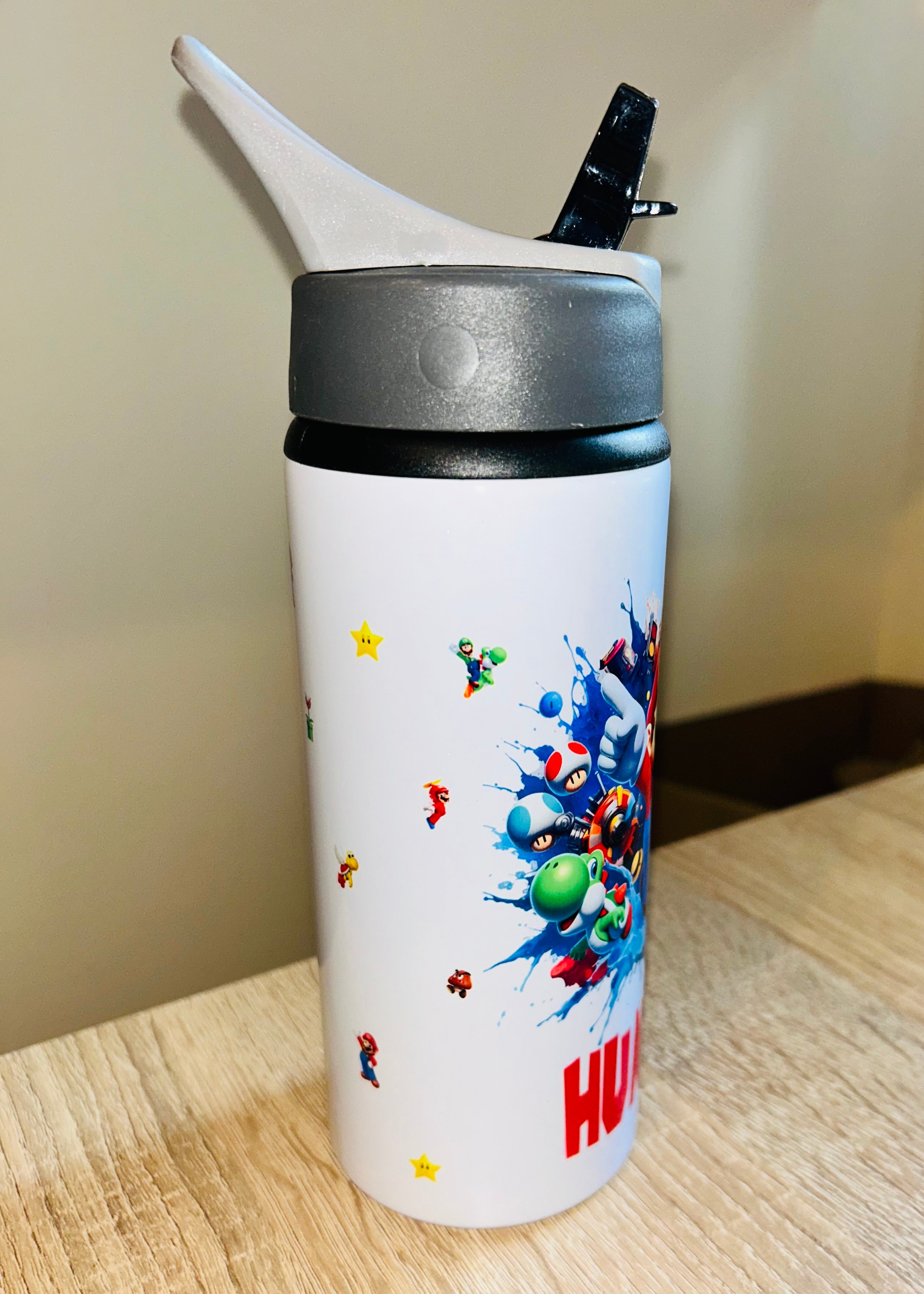 Character/Super Mario Themed Personalised 600ml Aluminium Water Bottles - made with your favourite characters! School Water Bottle, Summer Ready.