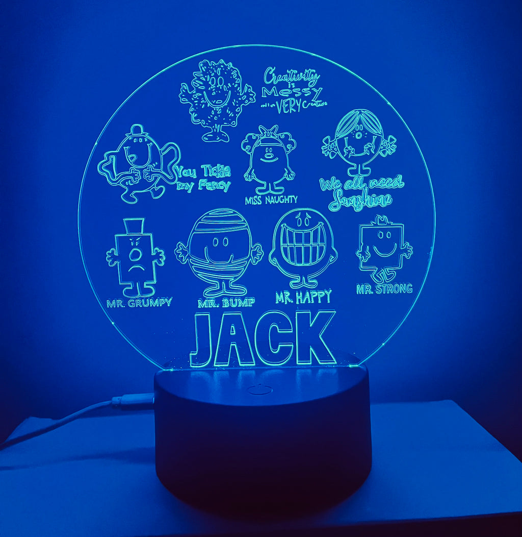 Mr Men Themed LED Night Light - Comes Fully Personalised. Unique Gift Idea