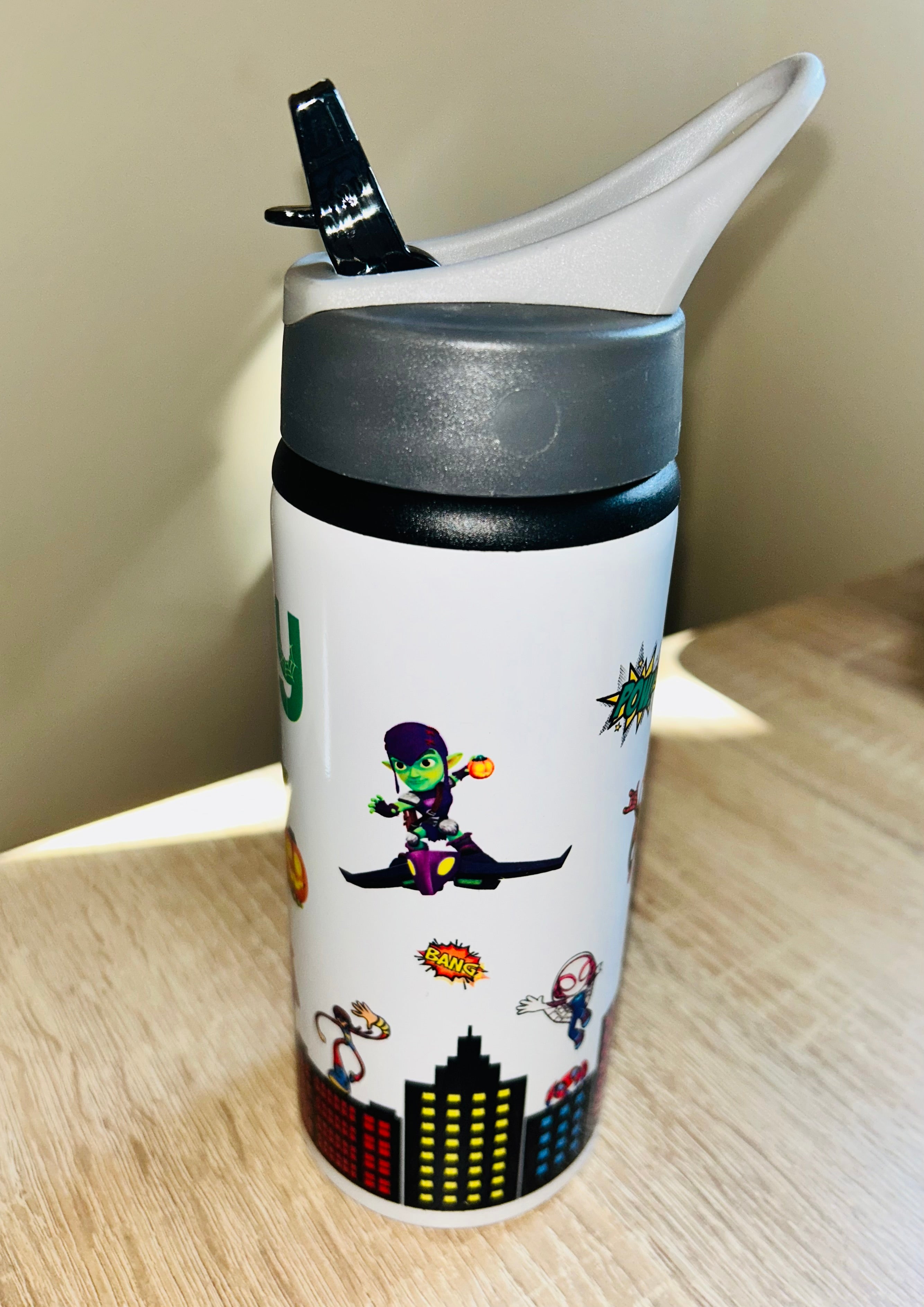 Gobby/Spidey & Friends Themed Personalised 600ml Aluminium Water Bottles - made with your favourite characters! School Water Bottle, Summer Ready.