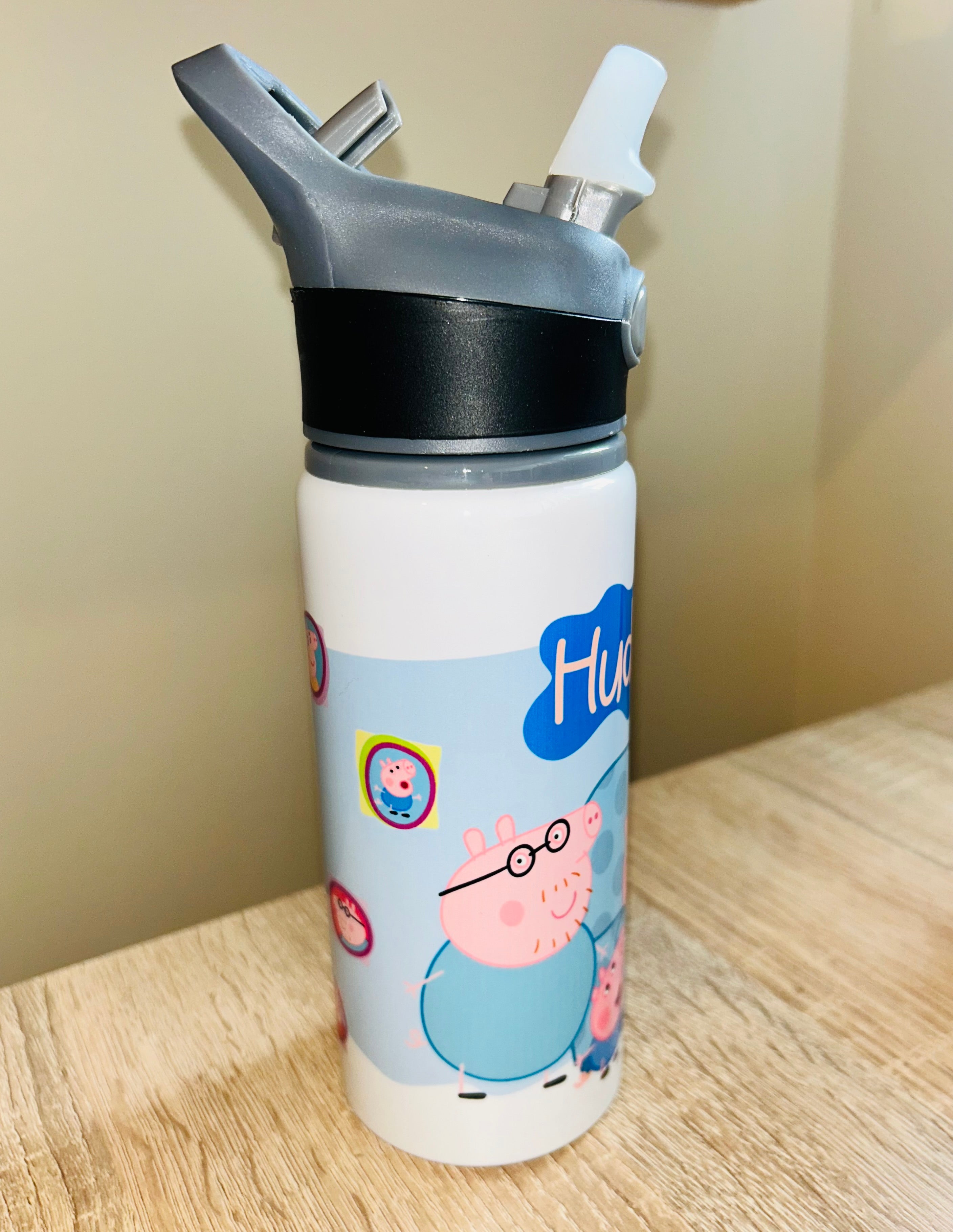 Character/Pig Themed Personalised 600ml Aluminium Water Bottles - made with your favourite characters! School Water Bottle, Summer Ready.