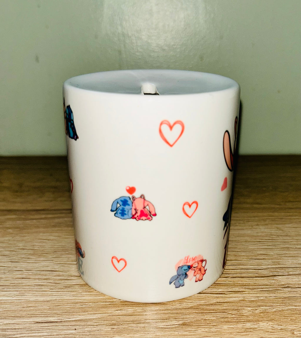 Stitch & Angel Design Personalised Money Box, Piggy Bank, Birthday Gift, Baby gift, keepsake, Saving, bedroom/nursery decor, Ceramic