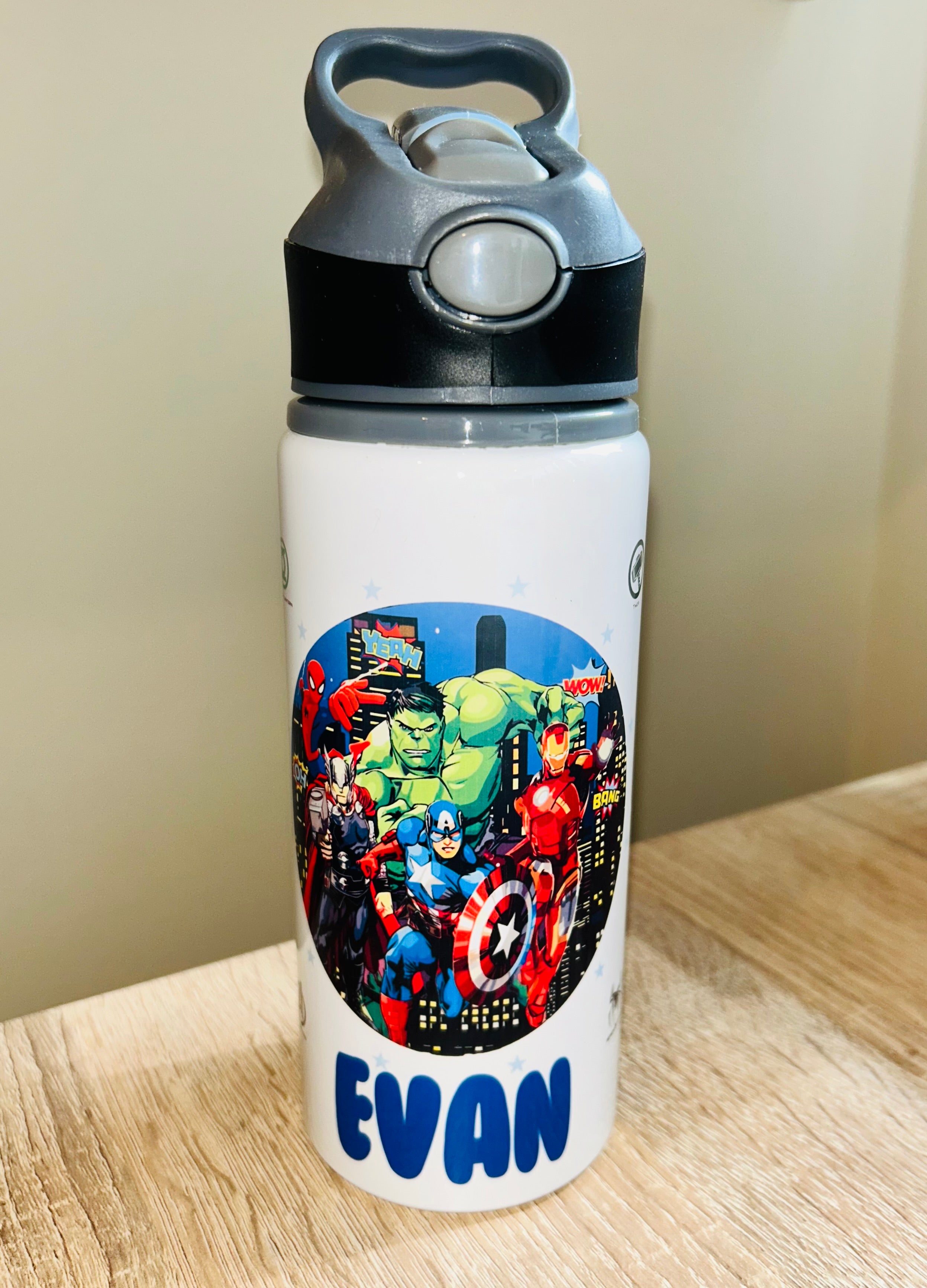Marvel/Superheroes Themed Personalised 600ml Aluminium Water Bottles - made with your favourite characters! School Water Bottle, Summer Ready.