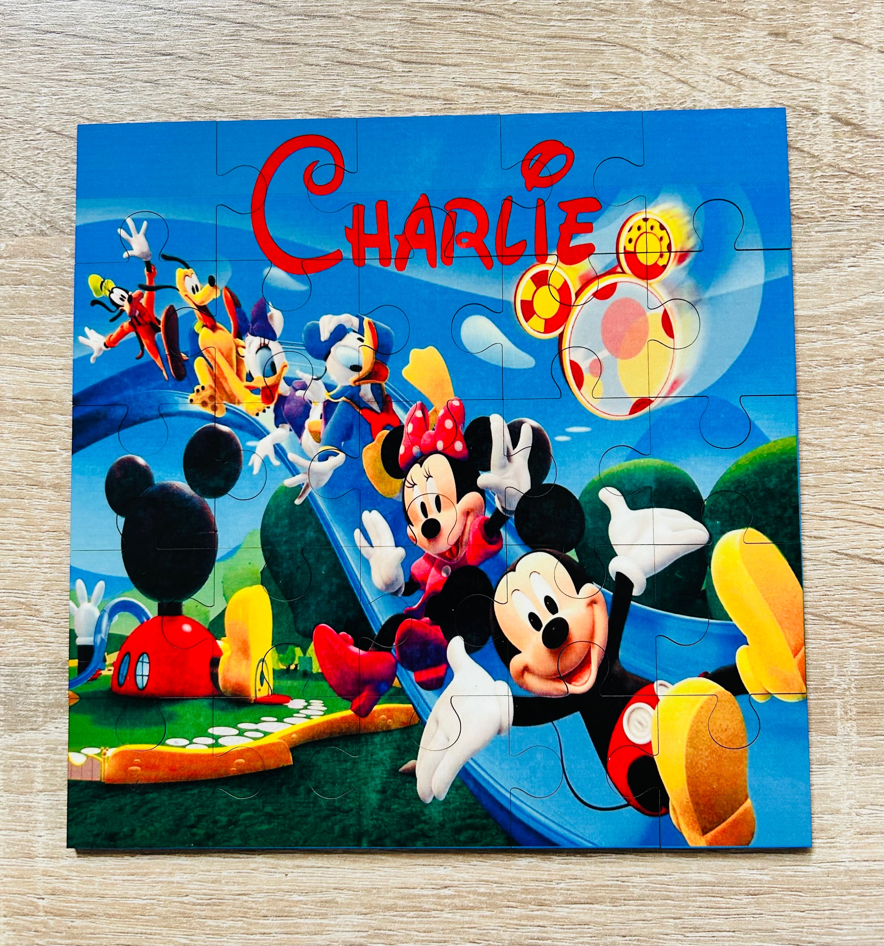 Mickey & Friends Themed Personalised Jigsaw Puzzle, Children's Custom Jigsaw, 24 Piece Wooden Puzzle, Birthday gift,  Personalised Gift. Square Shape