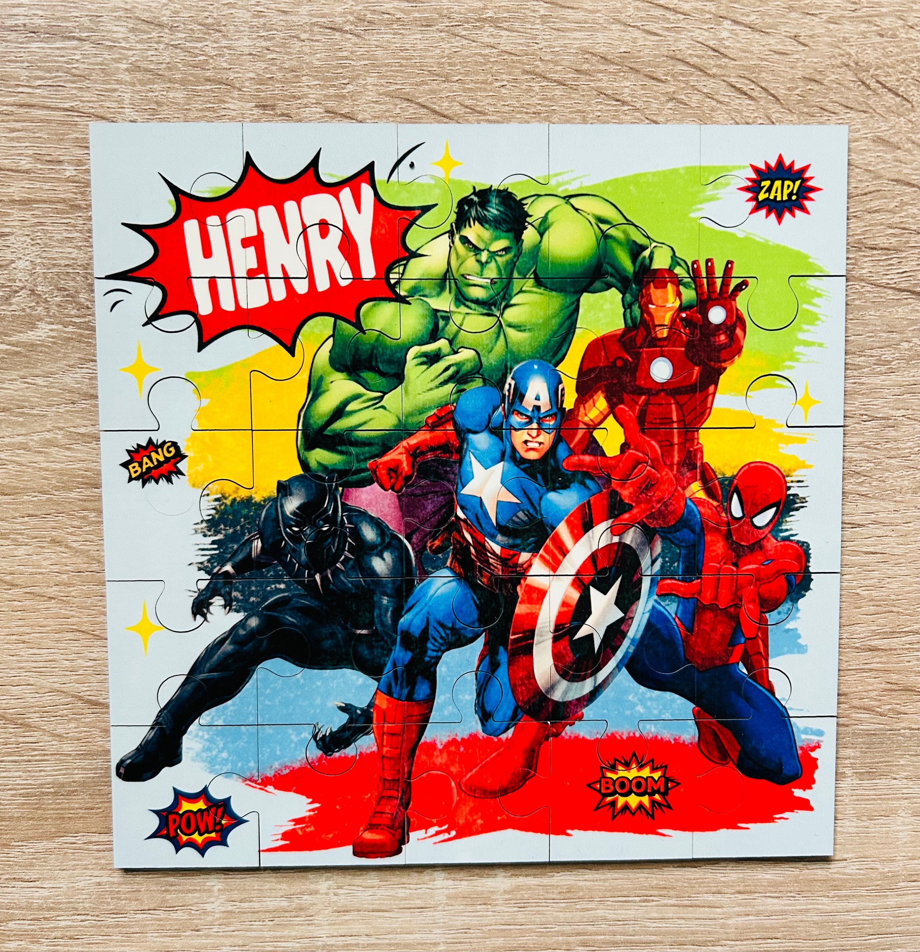 Superheroes Themed Personalised Jigsaw Puzzle, Children's Custom Jigsaw, 24 Piece Wooden Puzzle, Birthday gift,  Personalised Gift. Square Shape