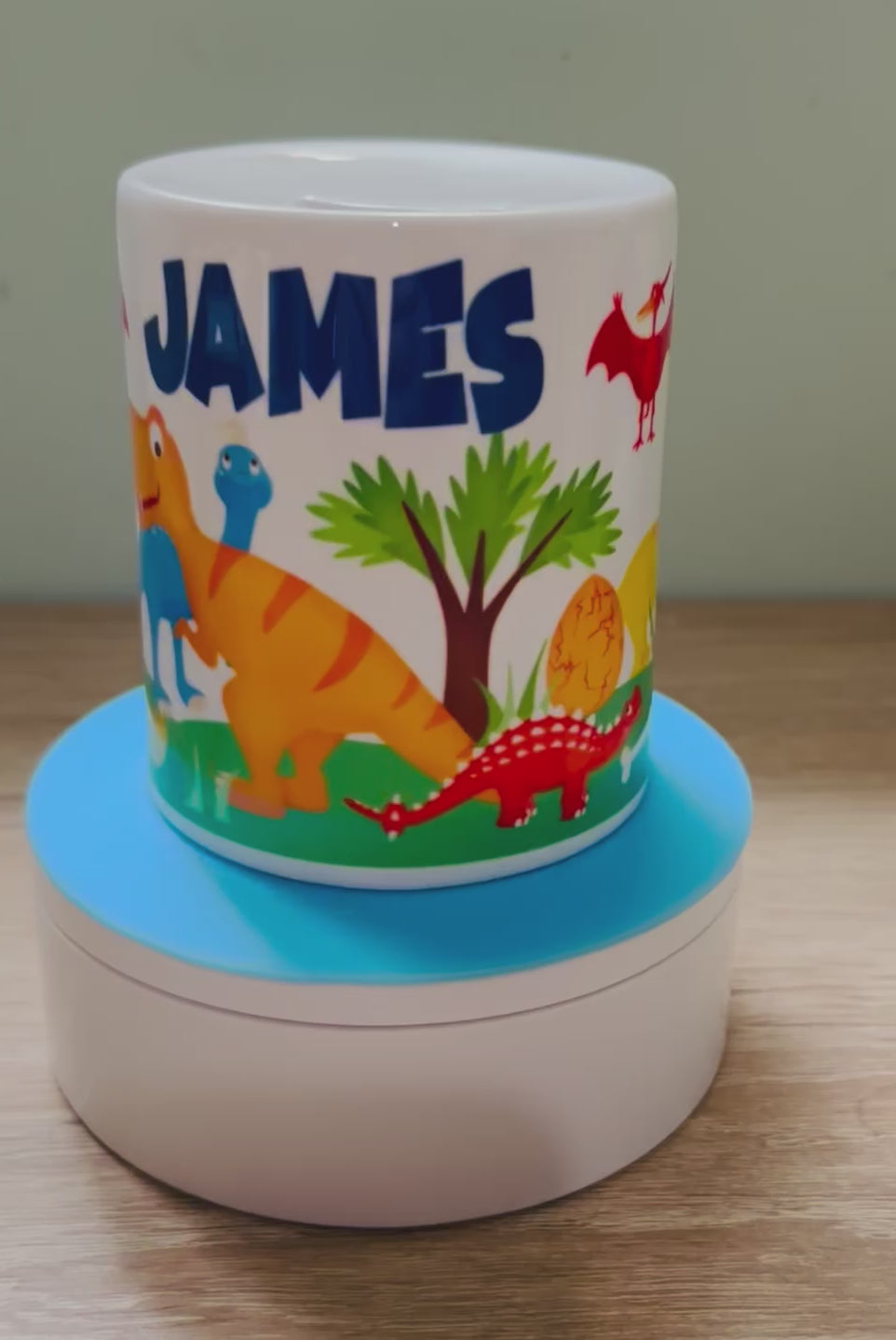 Dinosaur Design Personalised Money Box, Piggy Bank, Birthday Gift, Baby gift, keepsake, Saving, bedroom/nursery decor, Ceramic