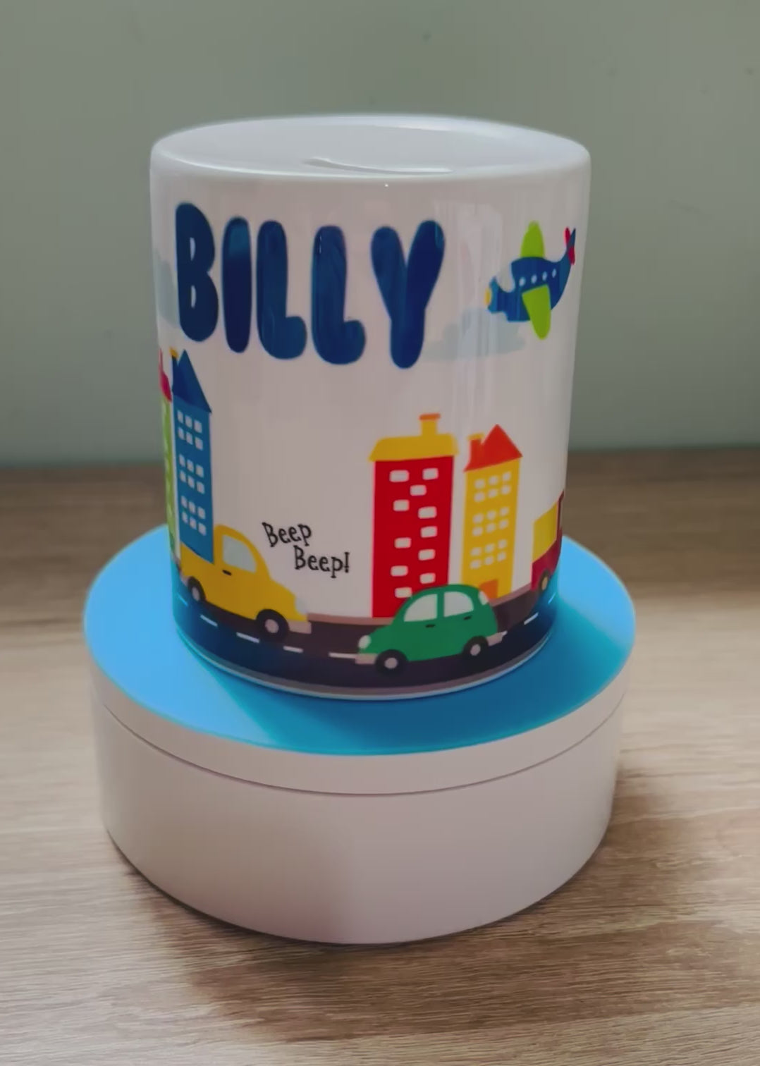 Transport Design Personalised Money Box, Piggy Bank, Birthday Gift, Baby gift, keepsake, Saving, bedroom/nursery decor, Ceramic